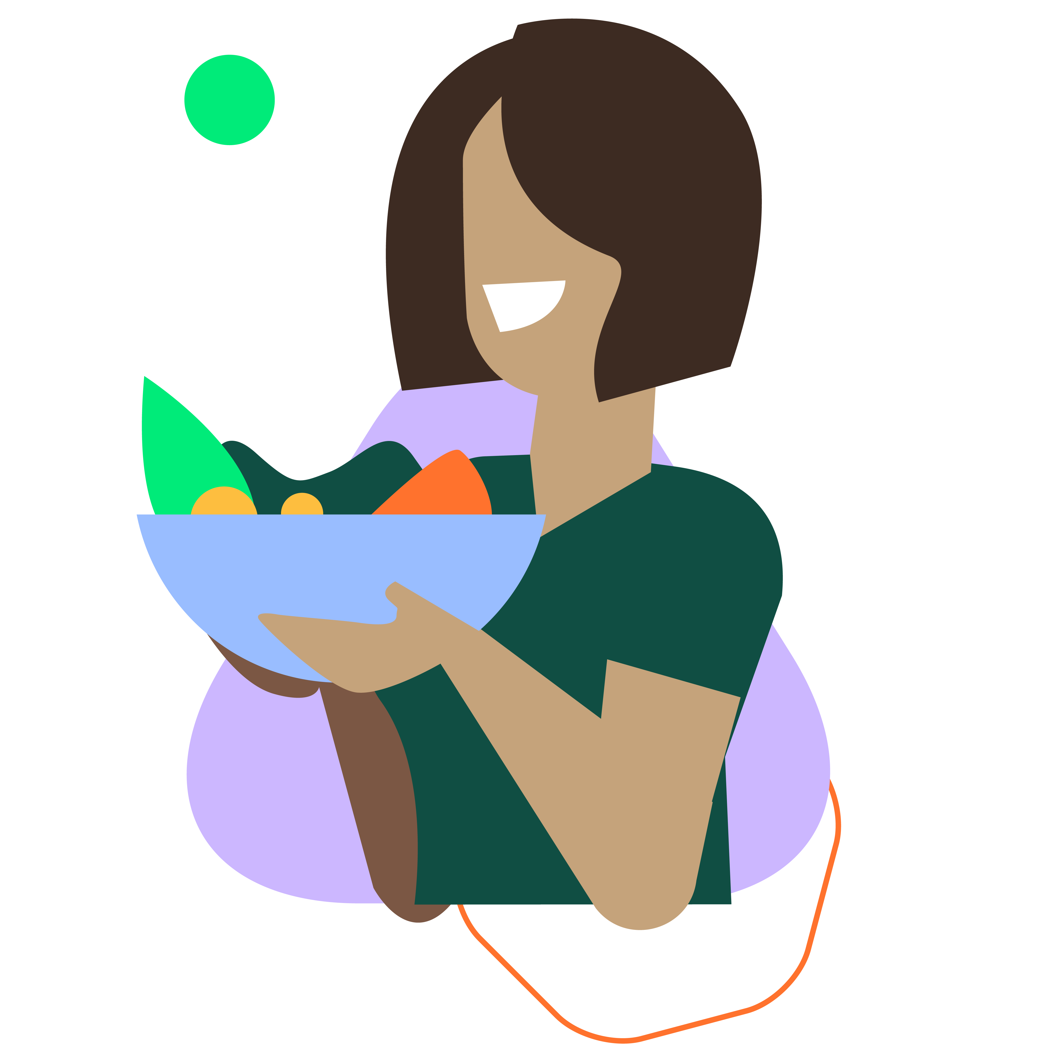 An illustration of a woman smiling holding up a bowl of fruit. She has brown hair and a green t-shirt on.