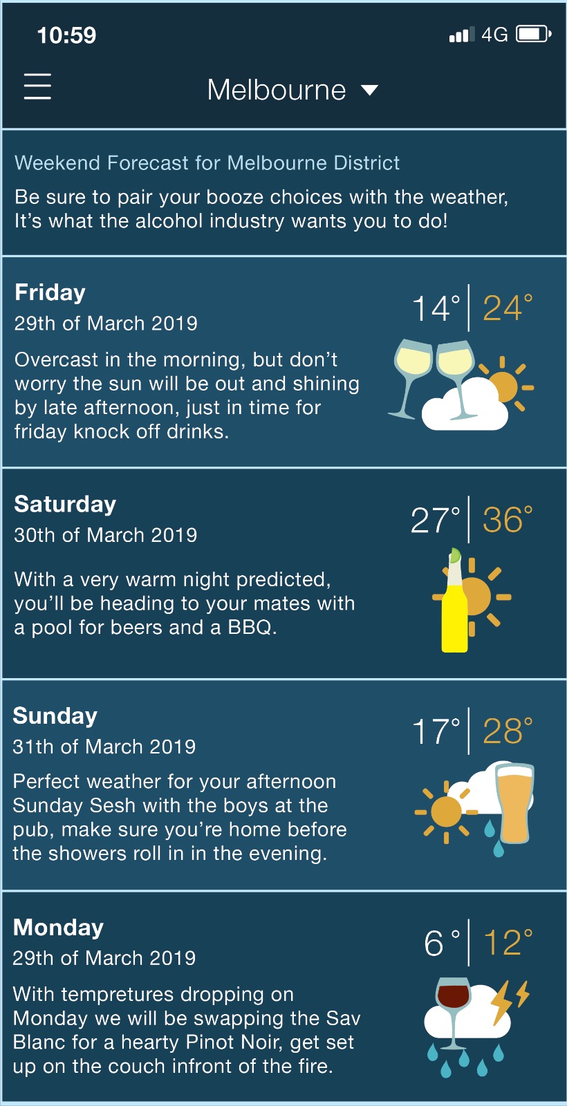 A poster designed by a young person for VicHealth's Top Spin competition. It shows a screenshot of a weather app where each day prompts you to drink alcohol. Headline: "Be sure to pair your booze choices with the weather. It's what the alcohol industry wants you to do!"