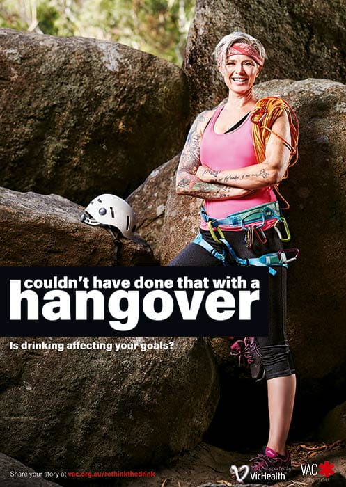 Woman hiking with the text "Couldn't have done that with a hangover"