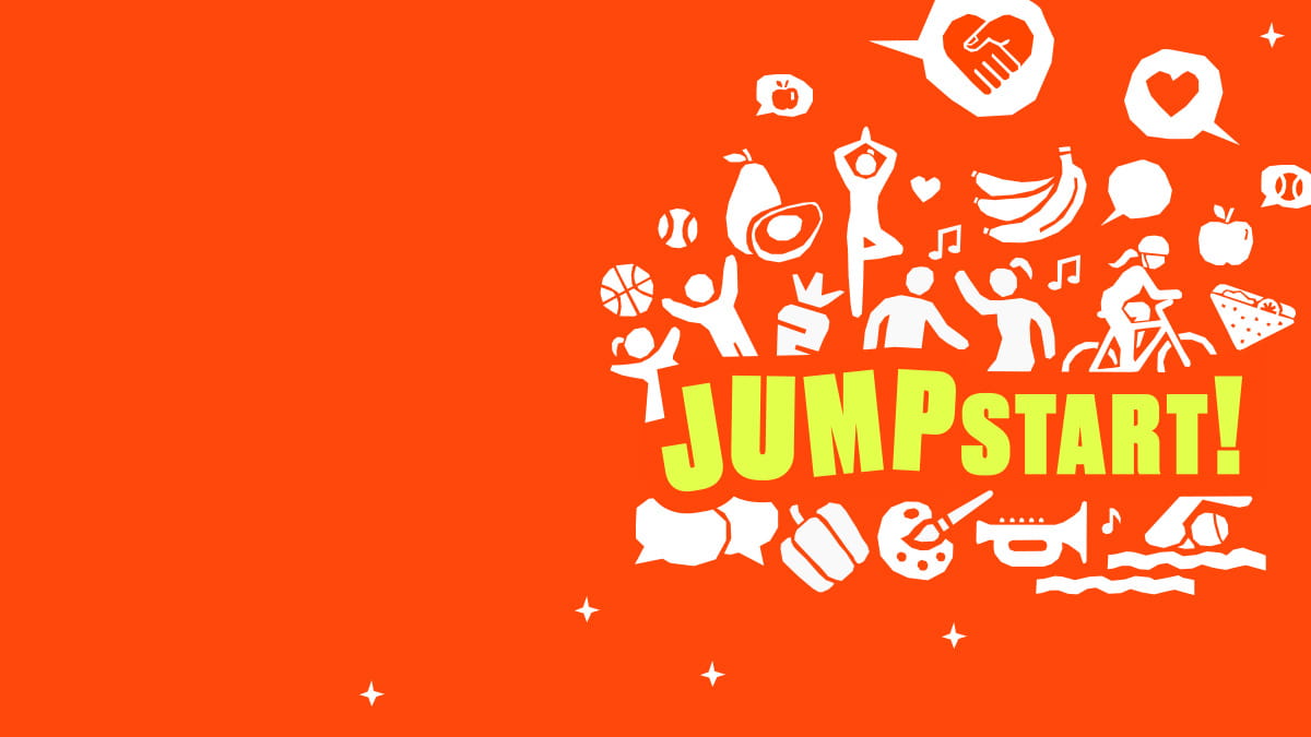 JumpStart banner, red background with JumpStart in yellow font surrounded by white infographics representing people moving, food and wellbeing.