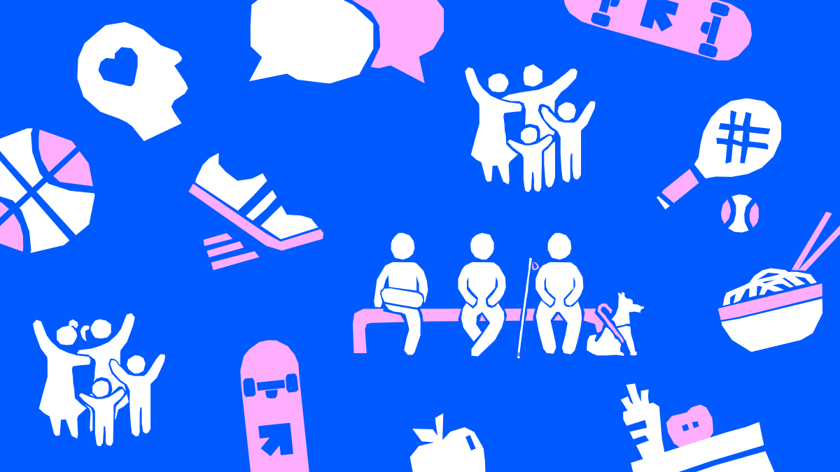 Future healthy graphic, bright blue background with basketball icon, face with heart, speech bubbles, runners, three figures sitting on a bench, tennis racket, bowl of food and apple in white and pink.