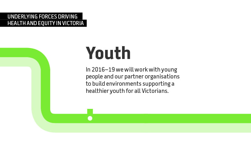 Youth. In 2016-19 we will work with young people and our partner organisations to build environments supporting a healthier youth for all Victorians.