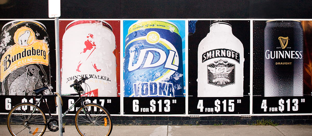 Alcohol advertising outside a bottle shop