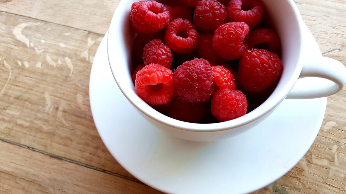 Raspberries in a cup and saucer