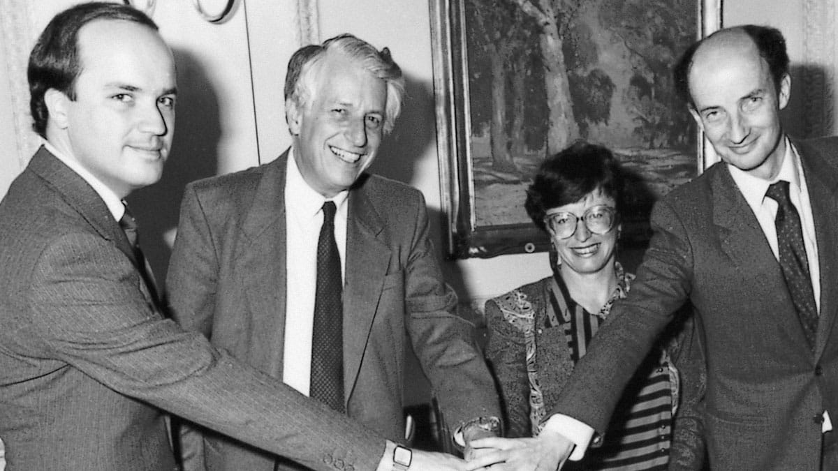Sir Gustav Nossal (second from left) was an inspired choice to lead VicHealth’s first Board. He is pictured here celebrating VicHealth’s first anniversary in 1988 with Shadow Health Minister Mark Birrell (left), CEO Rhonda Galbally and Health Minister David White (right).
