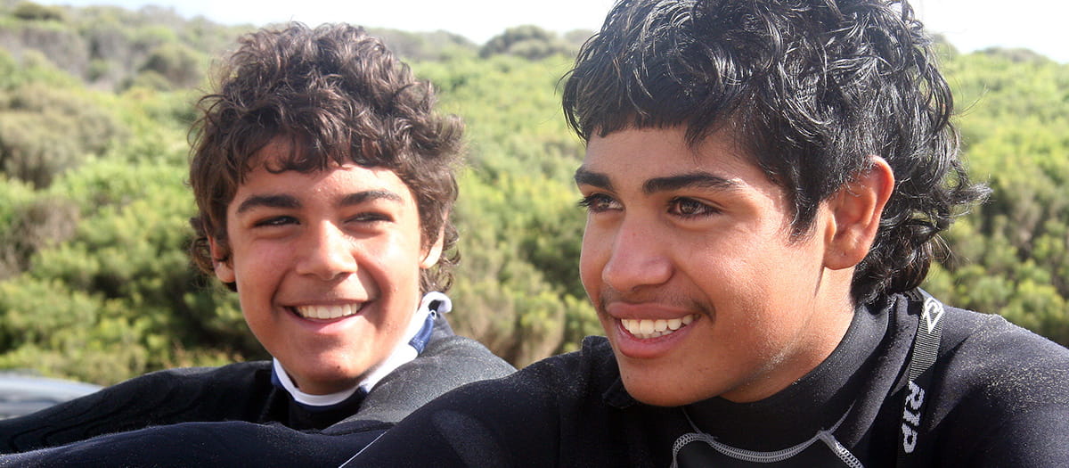 Two Aboriginal boys smiling together