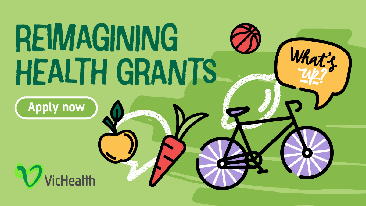 Reimagining Health grants infographic, with illustrated fruit, bike and speech bubble asking "whats up?"