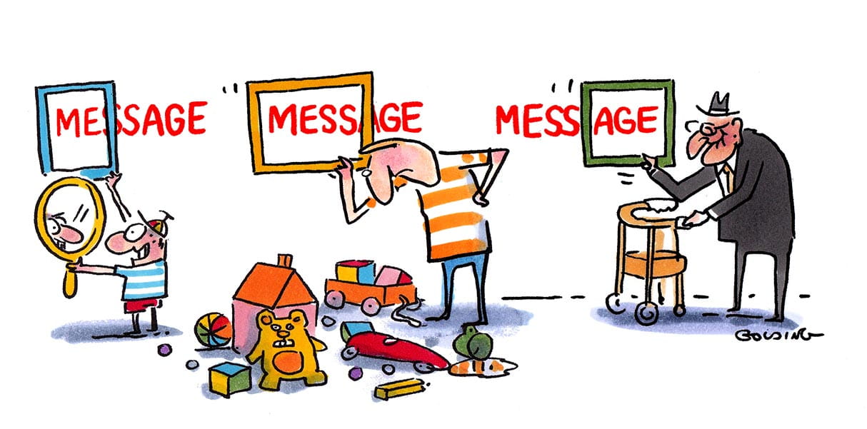 Newspaper cartoon: Three people looking at the word "message" and misinterpreting it