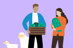 Illustration of two people holding watermelons. Two sheep are standing behind them. 