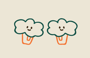 Drawing of two little broccoli heads with smiling faces. 