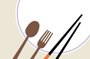 Illustration of a plate with a fork, spoon and chopsticks leaning against the plate.