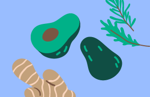Illustration of an avocado, ginger and greens against a blue background. 