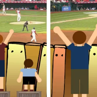 A cartoon drawing of people with their arms up while watching a baseball game