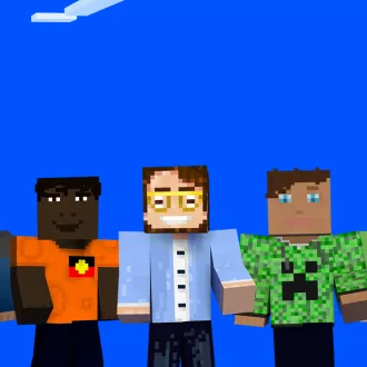 Five Minecraft characters are standing against a blue background. The middle one is our CEO Sandro. 