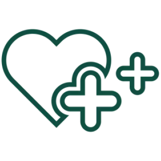 Icon of a heart and two health plus signs. 