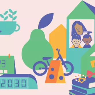 A colourful illustration with a bike, books, calendar, a pear and people looking out of a building