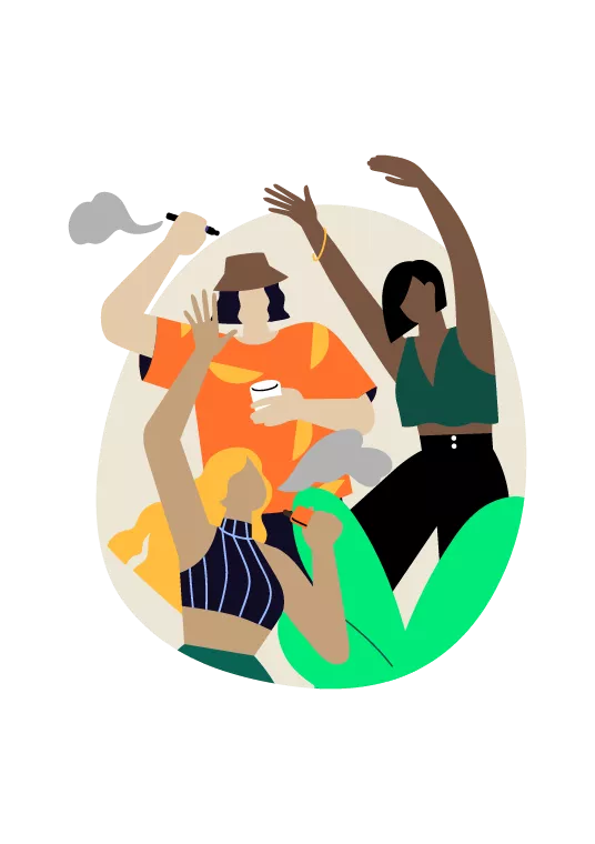 Illustration of three teenagers vaping as they dance. 