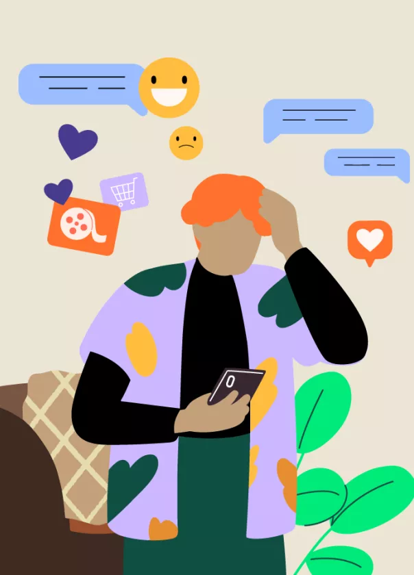 Illustration of a person looking a bit distressed at their phone. Lots of social icons are floating around their head. 