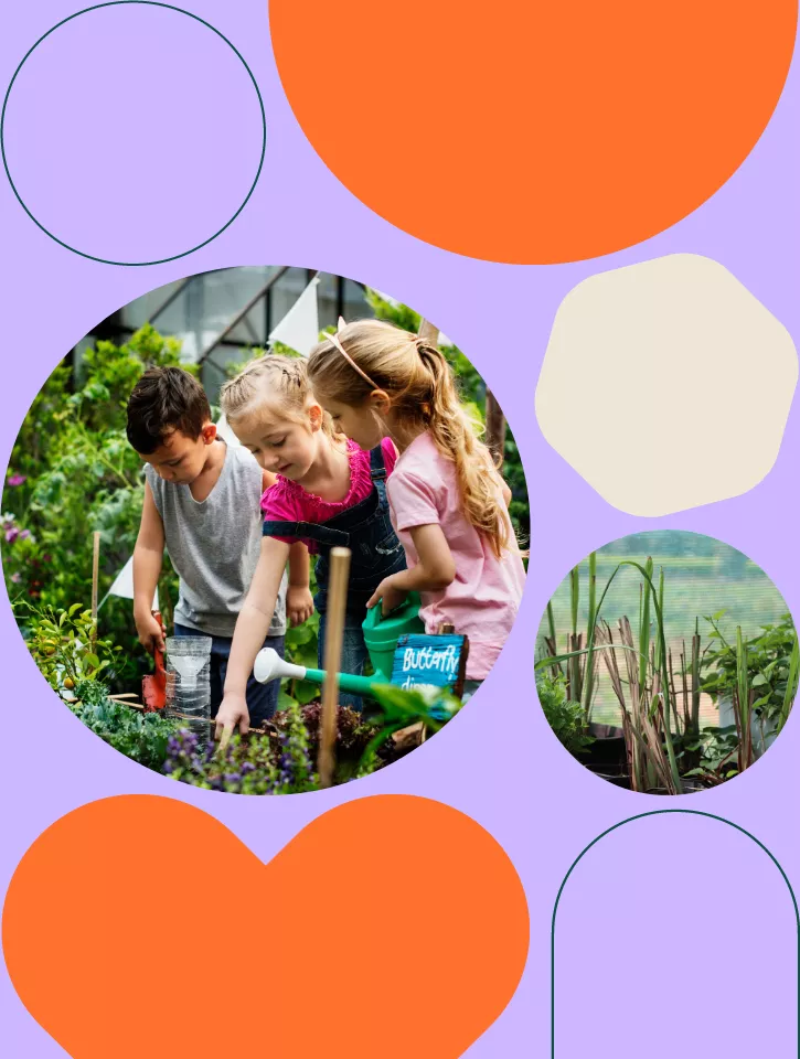 A circle with a photo of three children watering a garden with orange and beige shapes on a purple background.